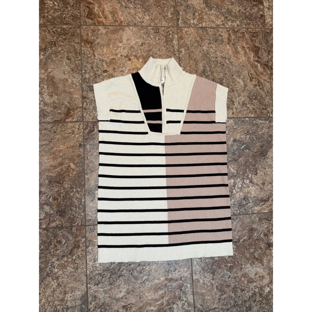 Entro Women Cream Tan Striped Colorblock Quarter Zip Knit Sweater Vest Top L
